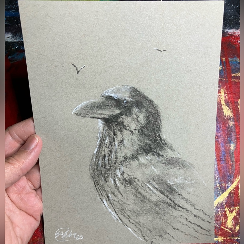 Original Raven crow painting charcoal‎ pastel bird art animal home decor artwork